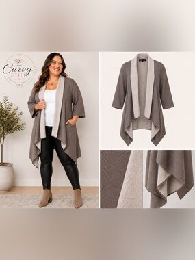 Gina Woman 3X Two-Tone Open Front Waterfall Cardigan Taupe Beige